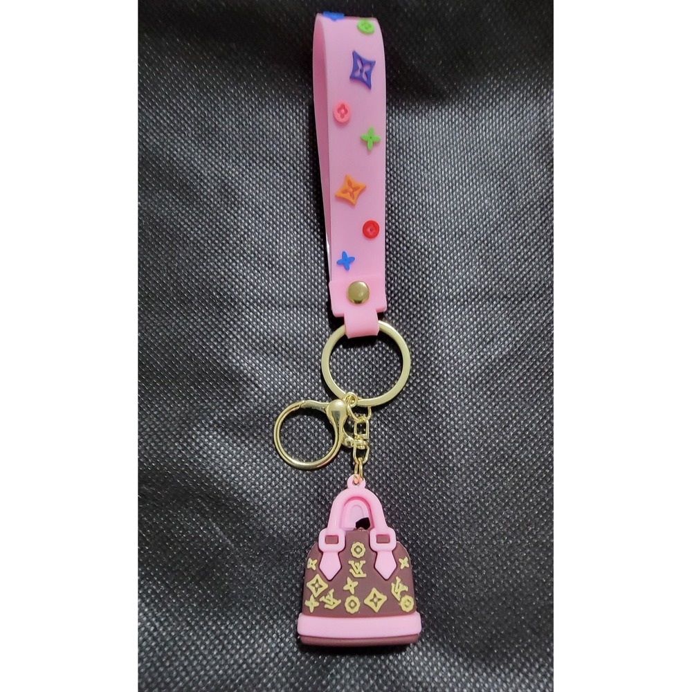 Monogram Purse Keychain Charm Silicone Wristlet Pink Cream Gold Tone Hardware - Picture 3 of 3